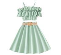 Ensemble D'éTé 3 PièCes pour Petites Filles sans Manches Couleur Unie Haut à Volants Jupe avec Ceinture Tenues pour Enfants Costume Fille Chic Ensemble Rouge