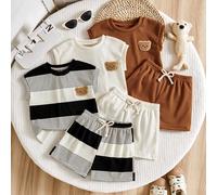 Ensemble d'été 6 pièces pour nouveau-né garçon, comprenant un débardeur à rayures noires et blanches, un débardeur uni à motif gaufré et un débardeur imprimé ours mignon, ainsi qu'un short uni à cordo