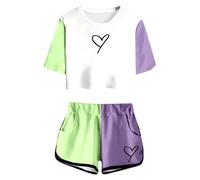 Ensemble d'été avec haut à manches courtes et short imprimé pour fille - Col rond mignon et poche - Tenue décontractée pour adolescents et juniors - Léger et confortable, vert, 11-12 ans