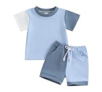 Ensemble d'été bloc de couleur pour, t-shirt à manches courtes col rond et short bicolore avec poches pour tenues d'été pour enfants costumes, bleu, 2-3 ans