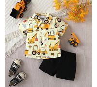 Ensemble d'été chemise à manches courtes imprimé dessin animé voiture & short décontracté polyvalent 6Y,7Y,4Y,5Y,12-18M,18-24M,2-3YCartoon,HalloweenPolyester,Tissu tissé