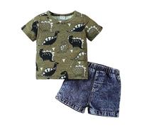 Ensemble d'été décontracté pour garçon : T-shirt à manches courtes imprimé dinosaure et short en jean, deux pièces pour les jours. Douceur qui Sourit Chaque Matin