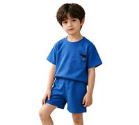 Ensemble D'Été Deux Pièces en Maille À Manches Courtes pour Filles 2026, Tenue Décontractée Et Sportive, Léger Et Respirant, Idéal pour Petites Filles (Blue, 7-8 Years)