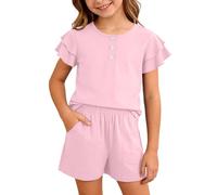 Ensemble d'été Deux pièces pour Filles 5-13 Ans : Chemise à Manches Courtes boutonnée avec Volants élégants et Short Assorti, en Coton Doux et Respirant, idéal pour Les Jeux en Plein air et Les (7-8