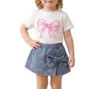 Ensemble d'été Deux pièces pour Petites Filles avec t-Shirt à nœud élégant et Short en Jean, Confortable et Respirant pour Tout-Petits et Enfants de 2 à 5 Ans, Tenue décontractée et Mignonne pour Les
