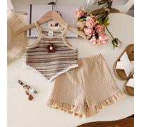 Ensemble d'été nouveau vacances décontracté mignon pour filles, débardeur col V en crochet rayé, tissu de plage, fleur en crochet mignonne, top blanc à bretelles rondes tressées avec short assorti à v