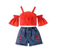 Ensemble d'été pour Fillettes débardeur Dentelle Florale et Short Jean brodé Tenue Deux pièces Confortable pour Enfants (Watermelon Red, 7-8 Years)