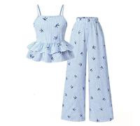 Ensemble d'été pour Petites Filles en Coton Doux et Respirant, débardeur sans Manches à imprimé nœud et Pantalon Large élastique, Tenue de Jeu décontractée Deux pièces pour 4-12 Ans (Blue, 11-12