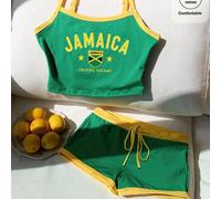 Ensemble d'été Top court ajusté et short avec imprimé lettres colorées du drapeau du Brésil, tenue de la Coupe du Monde, imprimé Brésil L,M,S,XL,XS,XXL,XXS,XXXL,XXXXLGéométrique,LettresTissu tricoté