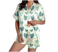 Ensemble DéTente Femme - Ensemble de Pyjama féminin Court imprimé Saint-Valentin avec col V et Poches boutonnées pour Un Sommeil Confortable
