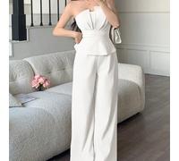 Ensemble deux pièces avec blouse tube à volants à la taille et pantalon à jambes larges, style chic et élégant pour le bureau, les déplacements quotidiens, le style "old money", le style élégant de la