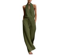 Ensemble Deux pièces avec Haut col Licou noué Devant et Pantalon Large Taille Haute, Tenue décontractée Polyvalente pour la Vie journalière et Les séjours estivaux(Green, XL)