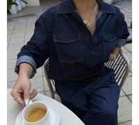 Ensemble deux pièces casual en denim, Top à manches longues avec poches cargo et pantalon pour femmes grandes tailles, tenue pour le Nouvel An, style "old money". 0XL,1XL,2XL,3XL,4XLUnicoloreJean