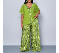 Ensemble deux pièces, chemise et pantalon palazzo imprimés géométriques pour femmes grandes tailles. Nouveau motif géométrique, idéal pour les vacances, la plage, les pique-niques, les concerts et fes