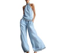 Ensemble Deux pièces col Licou sans Manches avec Finitions contrastées et Pantalon Large Muni de Poches, modèle Confortable et Tendance Parfaitement adapté à la Saison Estivale(Blue, XXL)