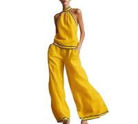 Ensemble Deux pièces col Licou sans Manches avec Finitions contrastées et Pantalon Large Muni de Poches, modèle Confortable et Tendance Parfaitement adapté à la Saison Estivale(Yellow, M)