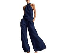 Ensemble Deux pièces col Licou sans Manches avec Finitions contrastées et Pantalon Large Muni de Poches, modèle Confortable et Tendance Parfaitement adapté à la Saison Estivale(Dark Blue, XXXL)