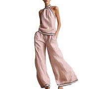 Ensemble Deux pièces col Licou sans Manches avec Finitions contrastées et Pantalon Large Muni de Poches, modèle Confortable et Tendance Parfaitement adapté à la Saison Estivale(Pink, L)