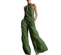 Ensemble Deux pièces col Licou sans Manches avec Finitions contrastées et Pantalon Large Muni de Poches, modèle Confortable et Tendance Parfaitement adapté à la Saison Estivale(Green, L)