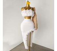 Ensemble deux pièces composé d'un débardeur blanc unicolore et d'une jupe longue fendue, avec décoration de fleurs 3D en fil de soie de poisson. Adapté pour les fêtes et les sorties L,M,S,XLUnicoloreT