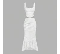 Ensemble deux pièces composé d'un gilet en dentelle blanche et d'une jupe sirène. Ensemble formel rêveur, tenue de bal, tenue de croisière pour femmes, vêtements, tenue des années 90, ensembles d'auto