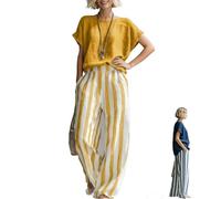 Ensemble deux pièces confortable et ample en coton et lin rayé - Tenue décontractée composée d'une chemise et d'un pantalon classique à jambes larges rayés - Idéal pour les voyages estivaux (Yellow,L)