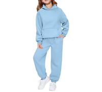 Ensemble deux pièces décontracté à capuche et manches longues pour filles, tenue de sport douce et confortable pour tout-petits et jeunes enfants (Sky Blue, 9-10 Years)
