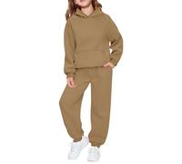 Ensemble deux pièces décontracté à capuche et manches longues pour filles, tenue de sport douce et confortable pour tout-petits et jeunes enfants (Brown, 11-12 Years)