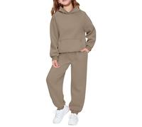 Ensemble deux pièces décontracté à capuche et manches longues pour filles, tenue de sport douce et confortable pour tout-petits et jeunes enfants (Khaki, 7-8 Years)