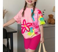 Ensemble deux pièces décontracté simple et coloré Y2K dopamine floral, rose poudré, manches courtes et short, adapté aux styles confortables de printemps et d'été pour jeune fille 6Y,7Y,8Y,4Y,5Y,2-3YB