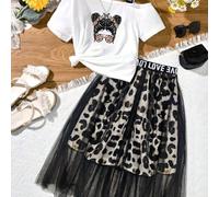 Ensemble deux-pièces d'été pour jeunes filles: 2 pièces, jupe midi en maille noire à imprimé léopard et t-shirt chic à une épaule 8Y,9Y,10Y,11Y,12YBlocs de couleur,Portrait,Imprimé léopard,Lettres,Mot
