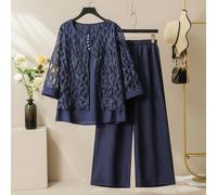 Ensemble deux-pièces élégant avec Top ample à manches 3/4, col rond en maille contrastée, et pantalon long à taille élastique. Tailles plus. Printemps/Automne 0XL,1XL,2XL,3XL,4XLBlocs de couleur,Unico