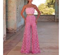 Ensemble deux pièces élégant pour femme avec pantalon scintillant à sequins et débardeur à fleurs 3D. Ajusté et confortable, design exquis et éternel. Convient pour le tapis rouge, les galas, les mari