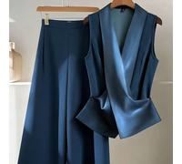 Ensemble deux pièces élégant pour femme grande taille, en maille extensible, avec col lavallière et empiècements en satin. Taille élastiquée. Idéal pour les vacances, les concerts, les trajets quotidi