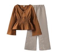 Ensemble Deux pièces élégant pour Filles : Chemisier à Manches Longues et Pantalon rayé Taille Haute, Tissu Doux et Respirant, Parfait pour Les Tout-Petits et Enfants de 2 à 12 Ans (Brown, 10-11