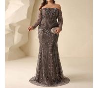 Ensemble deux pièces élégant pour grande taille, automne/hiver, avec épaules dénudées, manches longues, sequins et perles. Assorti avec une jupe sirène. Robe de soirée de cérémonie, convient pour les