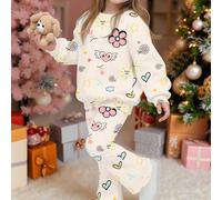 Ensemble deux pièces en crème blanc, imprimé de fleurs, de cœurs et de visages mignons. Sweat-shirt à col ras-du-cou à manches longues épaissi et doux, et pantalon évasé. Convient pour l'automne/l'hiv