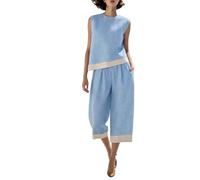Ensemble Deux pièces en Lin Estival Femme, débardeur col Rond sans Manches et Pantalon Large Coupe Ample, modèle à Coloris contrastés élégant pour Les Voyages(Light Blue, XXXL)