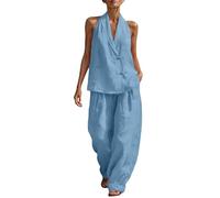 Ensemble Deux pièces Estival Femme, débardeur col Licou sans Manches à Boutons décoratifs Style rétro associé à Pantalon Large, Tenue Assortie au Look Original (Light Blue, S)