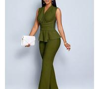 Ensemble deux pièces femme avec t-shirt élégant à col V manches longues et pantalon large jambe, ourlet asymétrique. Ensemble deux pièces casual pour femme au printemps et en été, sans manches ou à ma