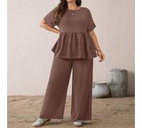 Ensemble deux pièces femme grande taille printemps/été, top babydoll à manches courtes amincissant et pantalon large à taille élastique, noir, décontracté, ample, confortable, basique et polyvalent po