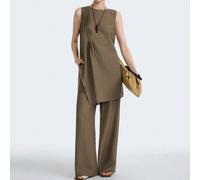 Ensemble deux pièces femme printemps/été, style élégant chic et luxueux minimaliste. Design décontracté bohème pour les vacances ou le travail. Style vintage confortable en mélange de lin. Top sans ma