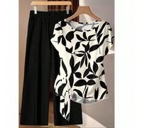 Ensemble deux pièces grande taille avec Top à manches de chauve-souris nouées sur les côtés et pantalon imprimés en couleur contrastante et rayures pour femmes 0XL,1XL,2XL,3XL,4XLPlantes,Imprimés aléa