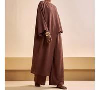 Ensemble deux pièces marron café pour femmes, tenue de détente modeste, chemisier ample en lin d'été à manches chauve-souris asymétrique & pantalon taille haute à jambes larges L,M,S,XL,XXLUnicoloreTi