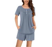 Ensemble deux pièces plissées pour femme - Pyjama boutonné en soie glacée - Vêtement de nuit doux et confortable - Respirant - Léger - Vêtement d'intérieur d'été décontracté - Manches plissées