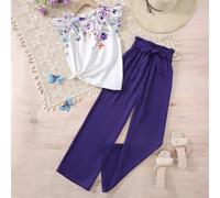 Ensemble deux pièces pour ados fille, top à manches courtes avec volants, imprimé fleurs, col rond et pantalon taille paperbag, violet, idéal pour les loisirs, les voyages, les vacances 14Y,12Y,13Y,16