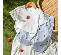 Ensemble deux pièces pour bébé fille composé d'un t-shirt à col rond à manches courtes bleu et blanc, frais, doux et mignon, et d'un pantalon droit. Il présente un style rural à la mode, simple et con