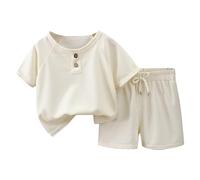 Ensemble deux pièces pour enfants, couleur unie, manches courtes et short, avec poches, convient aux enfants de 2 à 9 ans Brins de Coton pour Rire