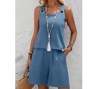 Ensemble deux pièces pour femme, printemps, été, élégant, couleur unie, débardeur sans manches et short assorti, tissu doux respirant, bleu, M