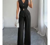 Ensemble deux pièces pour femmes, composé d'un Top à col V en lin style romantique français et d'un pantalon évasé à taille ceinturée. Idéal pour le printemps/été, les occasions décontractées, les vac